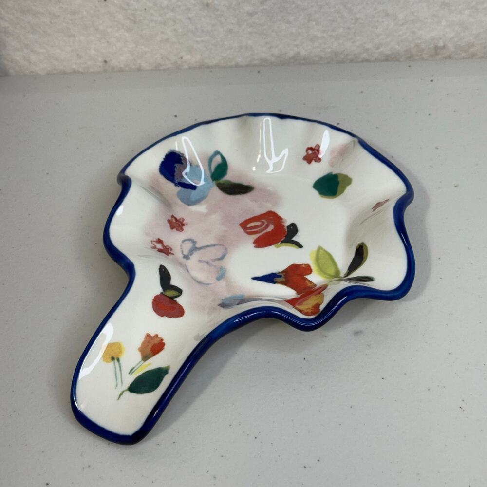 Anthropologie Luna Bakeware Floral Ceramic Spoon Rest Hand-painted Stoneware Art